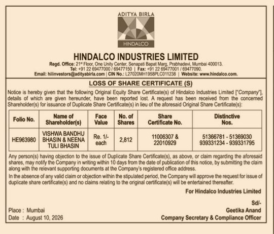 Loss of Share Certificate Notice - Hindalco Industries Limited