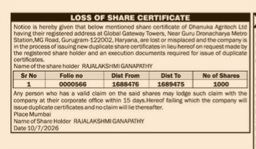 LOSS OF SHARE CERTIFICATE