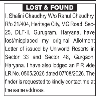 Lost Allotment Letter Public Notice