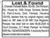 Lost and Found Newspaper Notice for Registry Sale Deed