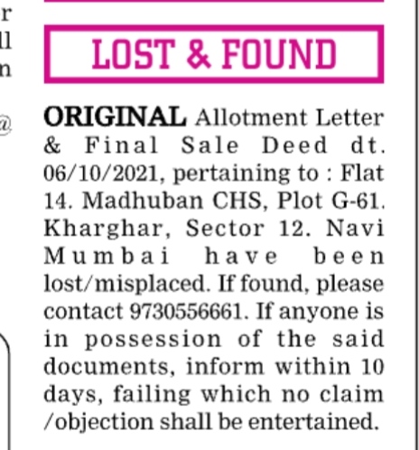 LOST and found notice regarding misplaced document