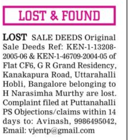 LOST AND FOUND OF ORIGINAL SALE DEED