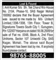 Lost Buyer Agreement of Flat No. 0048, Uniworld City, Mohali