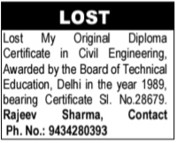 Lost Certificate Notice.