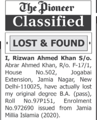 Lost Degree Certificate Notice