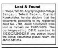 Lost & Found Classified Advertisement