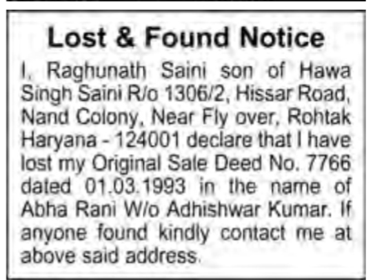 Lost & Found Notice for Original Sale Deed