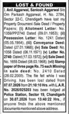 LOST & FOUND: PROPERTY PAPERS MISSING