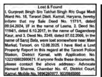 Lost & Found public notice regarding missing property documents.