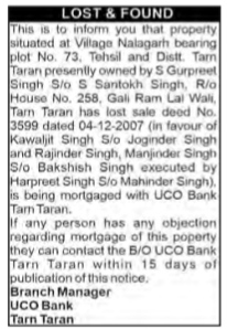 Lost & Found / Public Notice: UCO Bank Tarn Taran