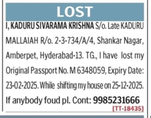 LOST IF ORIGINAL PASSPORT -KADURU SIVARAMA KRISHNA
