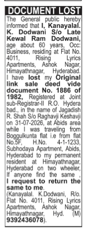 Lost Link Sale Deed Notice – Kanayalal K. Dodwani