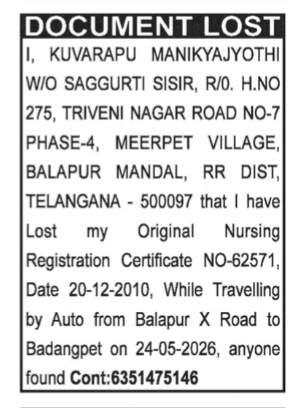 Lost Nursing Registration Certificate Notice