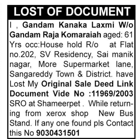 LOST OF DOCUMENT