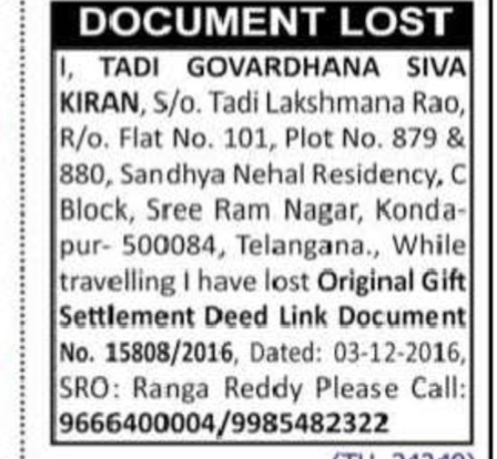 LOST OF DOCUMENT