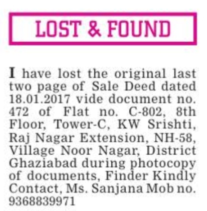 LOST OF ORIGINAL DOCUMENT