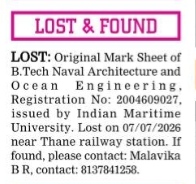 LOST OF ORIGINAL MARK SHEET