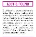 LOST OF PASS CERTIFICATE -LAUKIK VIJAY MANVATKAR