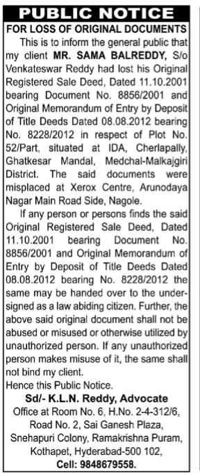 LOST ORIGINAL REGISTERED SALE DEED