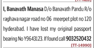 Lost Passport Notice- banavath manasa