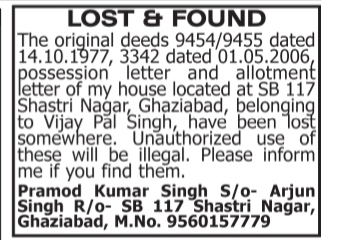 Lost Property Notice for Property Documents