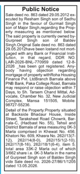 Lost Sale Deed and Property Mortgage Public Notice