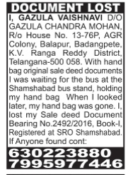 Lost Sale Deed Notice: Gazula Vaishnavi