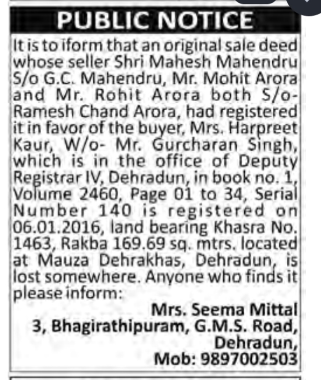 Lost Sale Deed Public Notice