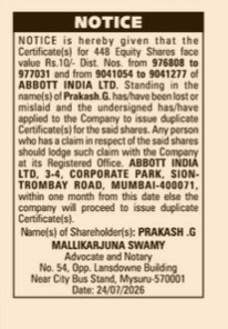 Lost Share Certificates Notice for Abbott India Ltd