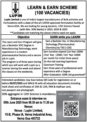 Lupin Limited Learn & Earn Scheme Advertisement