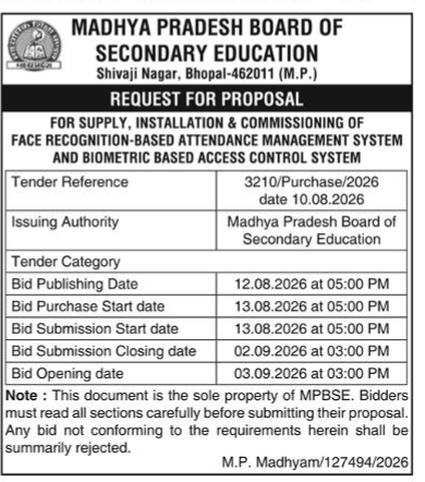 Madhya Pradesh Board of Secondary Education Tender for Face Recognition Attendance and Biometric Access Control System (August 2026)