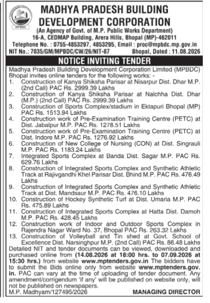 Madhya Pradesh Building Development Corporation Notice Inviting Tender (NIT No. 7035)