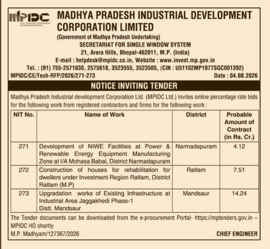 Madhya Pradesh Industrial Development Corporation Tender Notice