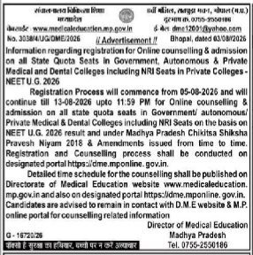 Madhya Pradesh NEET UG 2026 Online Counselling Registration Notification