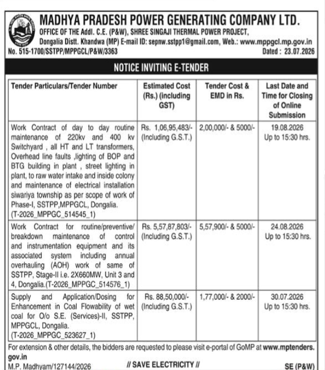 Madhya Pradesh Power Generating Company Ltd. Notice Inviting E-Tender (July 2026)