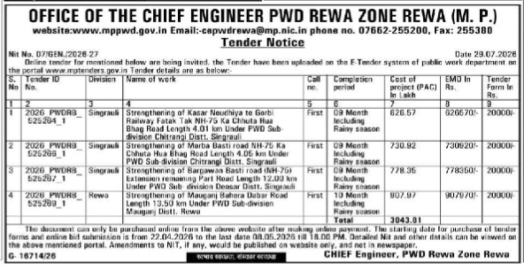 Madhya Pradesh PWD Road Strengthening Tenders - Singrauli & Rewa