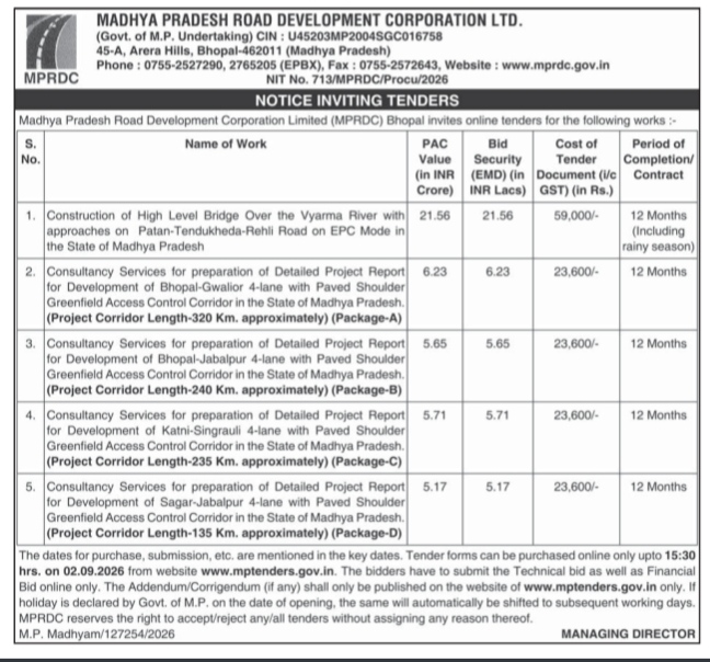Madhya Pradesh Road Development Corporation Limited Tender Notice 2026