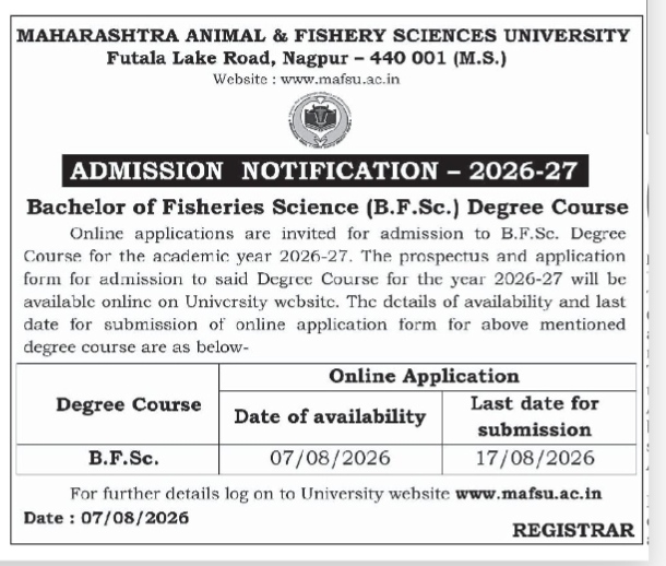 MAFSU B.F.Sc. Admission Notification 2026-27