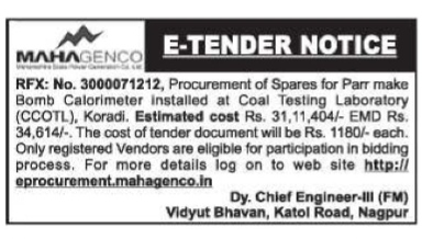 MAHAGENCO E-Tender Notice for Bomb Calorimeter Spares