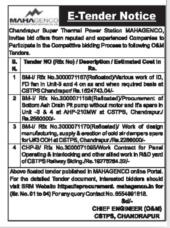 MAHAGENCO E-Tender Notice for CSTPS Chandrapur.