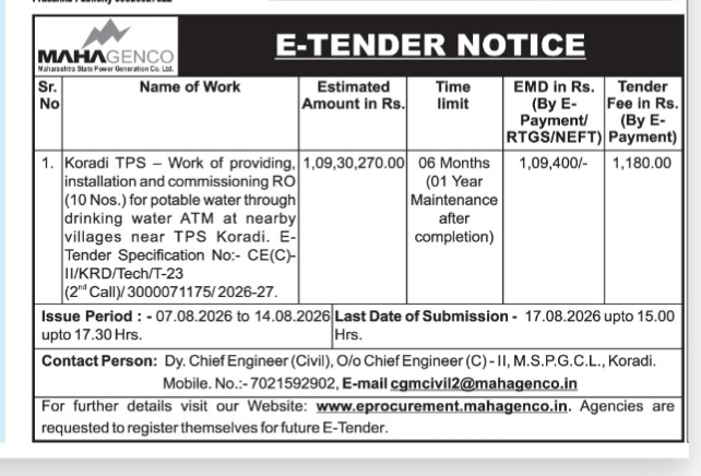 MAHAGENCO E-Tender Notice for Koradi TPS RO Water Plants (2026-27)