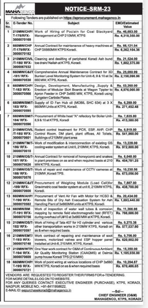MAHAGENCO E-Tender Notice for KTPS, Koradi