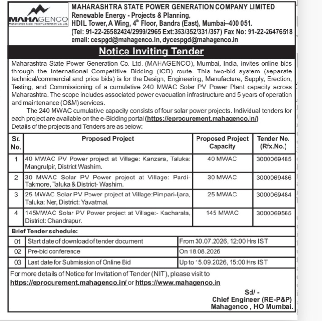 MAHAGENCO Notice Inviting Tender for 240 MWAC Solar PV Projects