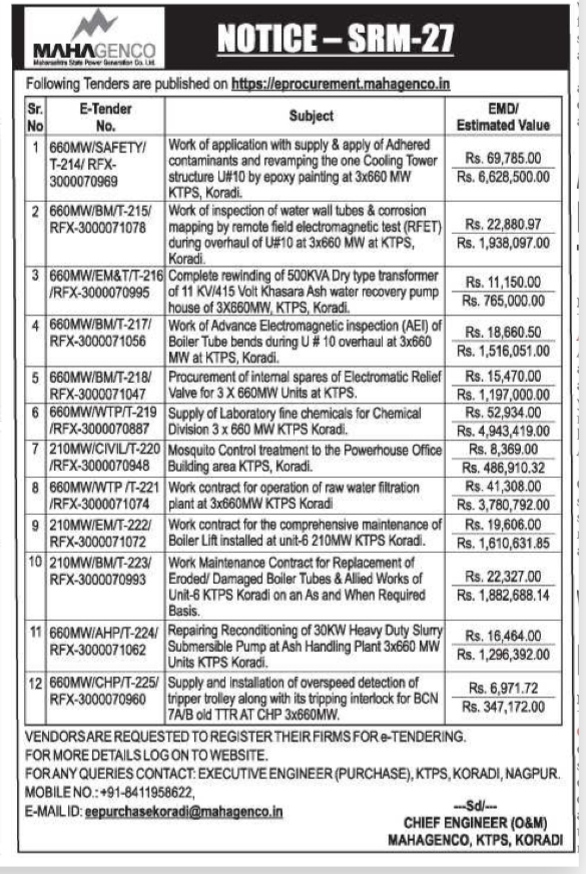 MAHAGENCO Notice – SRM-27 E-Tender Details for KTPS, Koradi