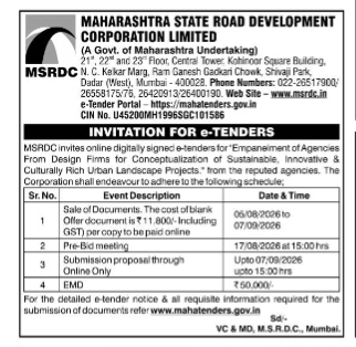 Maharashtra State Road Development Corporation Limited (MSRDC) Invitation for e-Tenders