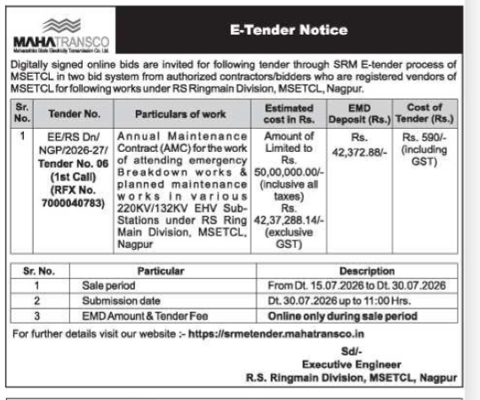 MAHATRANSCO E-Tender Notice No. 06 (2026-27): AMC for 220KV/132KV Sub-Stations, Nagpur