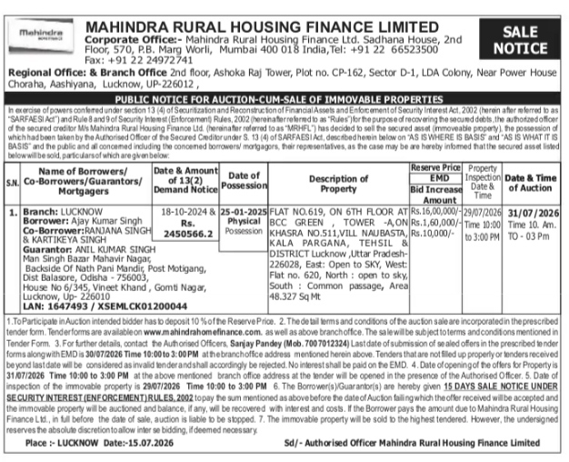 Mahindra Rural Housing Finance Auction Sale Notice