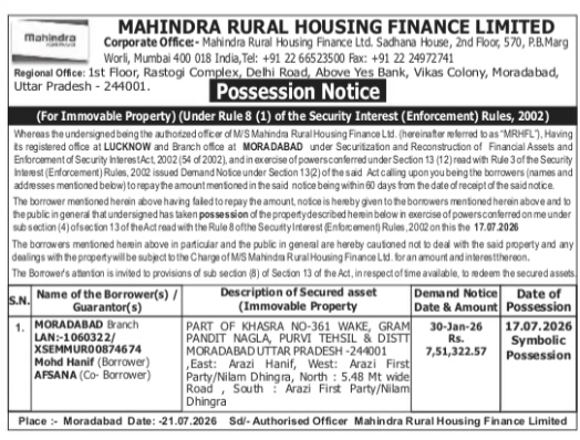 Mahindra Rural Housing Finance Limited Possession Notice for Mohd Hanif and AFSANA