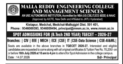 Malla Reddy Engineering College and Management Sciences Spot Admissions Advertisement