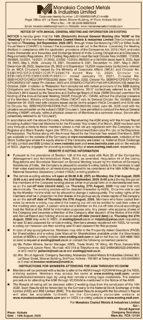 Manaksia Coated Metals & Industries Limited 16th AGM Notice